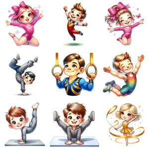 Puede incluir: Un conjunto de nueve ilustraciones que representan a ni&ntilde;os realizando diversas poses de gimnasia. Las ilustraciones son coloridas y caprichosas, con los ni&ntilde;os vistiendo leotardos brillantes y atuendos coloridos.