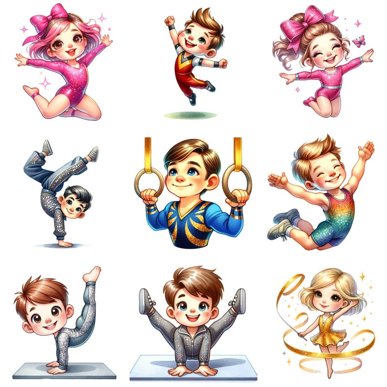 Puede incluir: Un conjunto de nueve ilustraciones que representan a ni&ntilde;os realizando diversas poses de gimnasia. Las ilustraciones son coloridas y caprichosas, con los ni&ntilde;os vistiendo leotardos brillantes y atuendos coloridos.