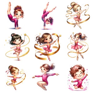 Puede incluir: Nueve ilustraciones de ni&ntilde;as j&oacute;venes con leotardos rosas realizando gimnasia con cintas y varitas. Todas las ni&ntilde;as sonr&iacute;en y tienen el pelo largo. El fondo es blanco.