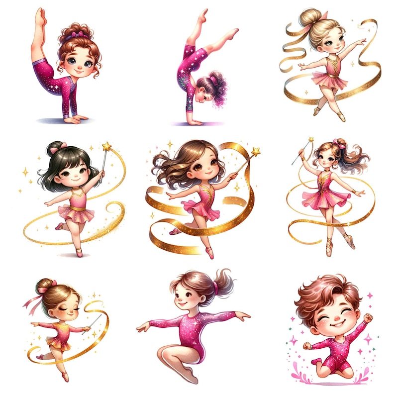 Puede incluir: Nueve ilustraciones de ni&ntilde;as j&oacute;venes con leotardos rosas realizando gimnasia con cintas y varitas. Todas las ni&ntilde;as sonr&iacute;en y tienen el pelo largo. El fondo es blanco.