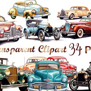 34 Vintage Cars Watercolor Clipart, Car Bundle PNG, Red Car, Watercolor clipart, Black Car, Scrapbooking, Retro Cars PNG, Instant Download