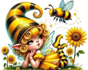 Bees Gnomes Girl Clipart, 25 PNG  Honey Bees Gnomes Graphics Designs, Bumble Bee Png, Gnome Girl Clipart, Digital Download, Commercial Use