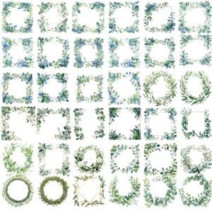 May include: A collection of watercolor botanical frames and wreaths. The designs feature green and blue-green eucalyptus leaves and branches arranged in square and circular shapes. Some frames have gold geometric accents.