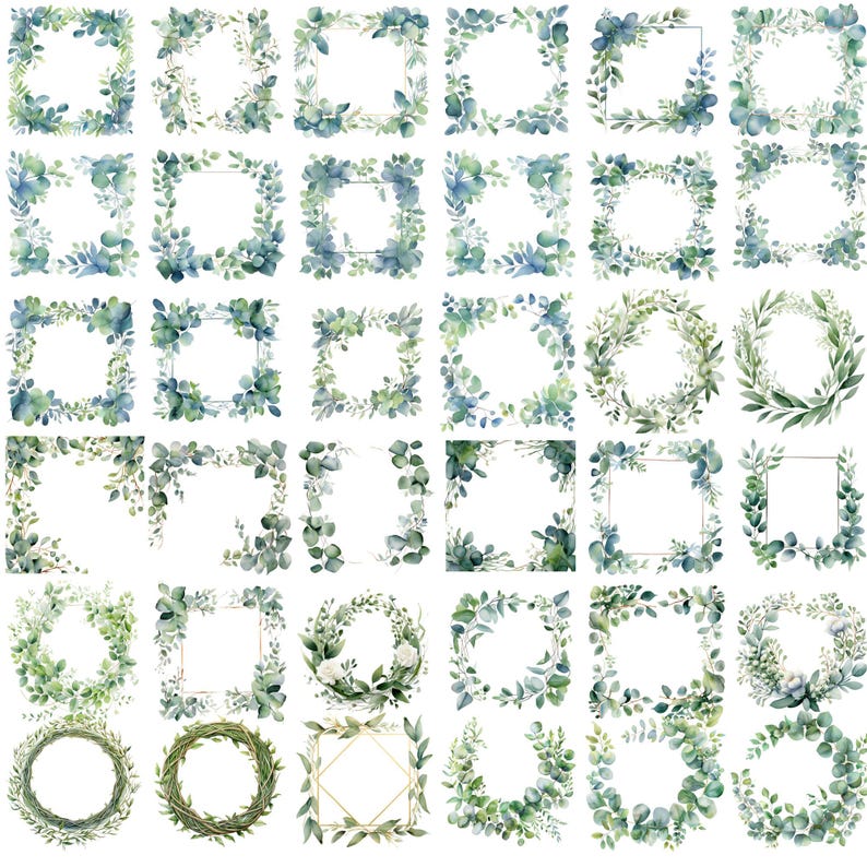 May include: A collection of watercolor botanical frames and wreaths. The designs feature green and blue-green eucalyptus leaves and branches arranged in square and circular shapes. Some frames have gold geometric accents.