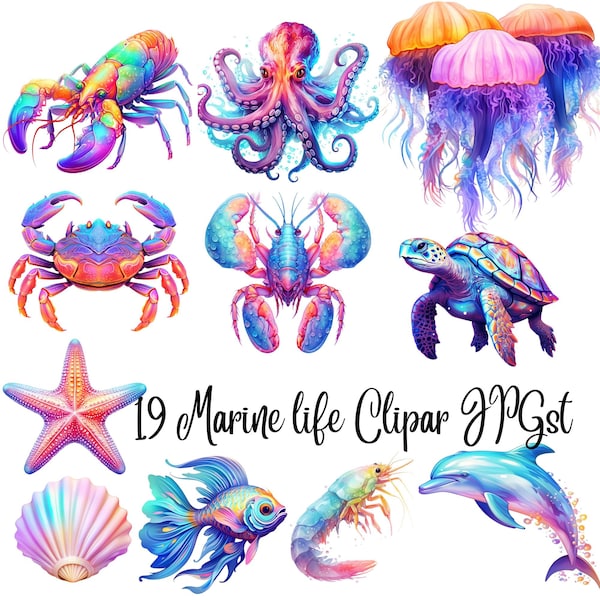 19 Marine life Clipart JPGs, Purple Pink  Marine life clipart,Commercial USe,Digital Download,Paper crafts,Junk Journals, Watercolor clipart