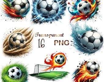 May include: A set of 10 digital clipart images featuring soccer balls in various settings. The images include soccer balls with flames, water, sand, and lightning bolts. The images are perfect for creating sports-themed designs.