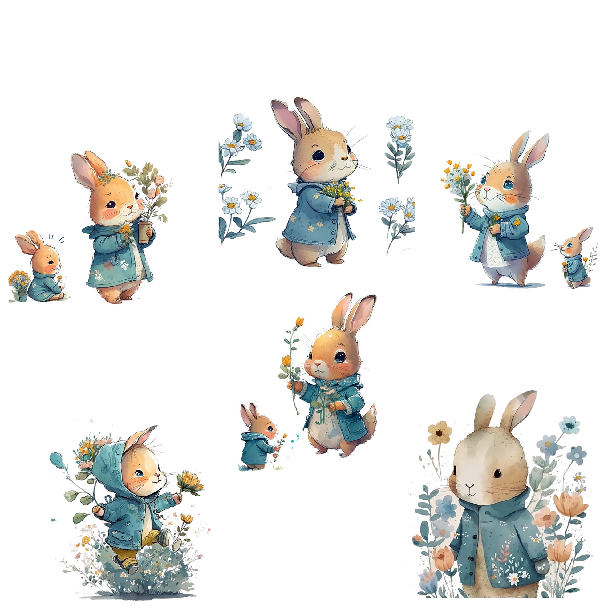 Watercolor Bunny Flower Clipart, Cute Rabbit PNG JPG (digital Download ...