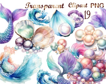 19 Mermaid Treasures Watercolor Clipart, Mermaid png, mermaid clipart,mermaid party,mermaid png,pastel mermaid,sea fairy,commercial use