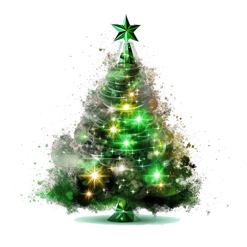 Pode incluir: Uma &aacute;rvore de Natal verde com uma estrela no topo e luzes brilhantes. A &aacute;rvore est&aacute; cercada por um fundo branco e tem um design abstrato brilhante.