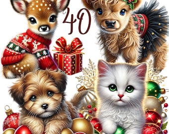 40 PNG Christmas Animals Clipart bundle, Animals Illustrations designs, Instant Digital Download, Unlimited Commercial Use Crafts