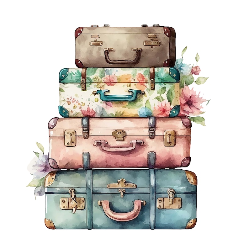May include: A stack of four vintage suitcases with floral patterns and metal accents. The suitcases are arranged from largest to smallest, with the top suitcase being a light brown color. The suitcases are decorated with flowers and leaves.