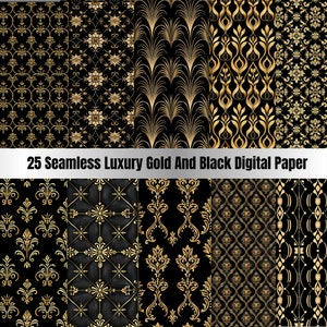 25 Victorian Black and Gold Digital Paper, ornate seamless patterns with damask ornaments and printable gold foil for commercial use