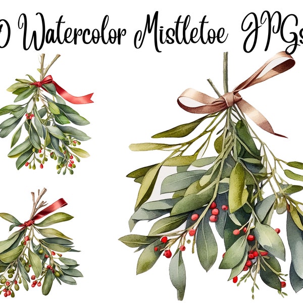 10 Mistletoe Clipart, Christmas Clipart, JPGs, Commercial use, Digital Download,Watercolor Clipart,Card Making,Clip Art,Digital Paper Craft