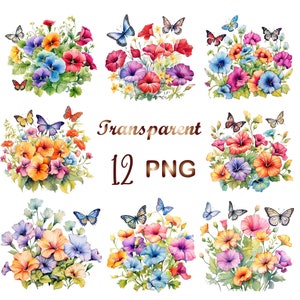 12 Petunia and butterflies clipart PNG, Petunia, butterflies watercolor PNG, Floral bundle, Floral Petunia, Commercial Use,Digital Download