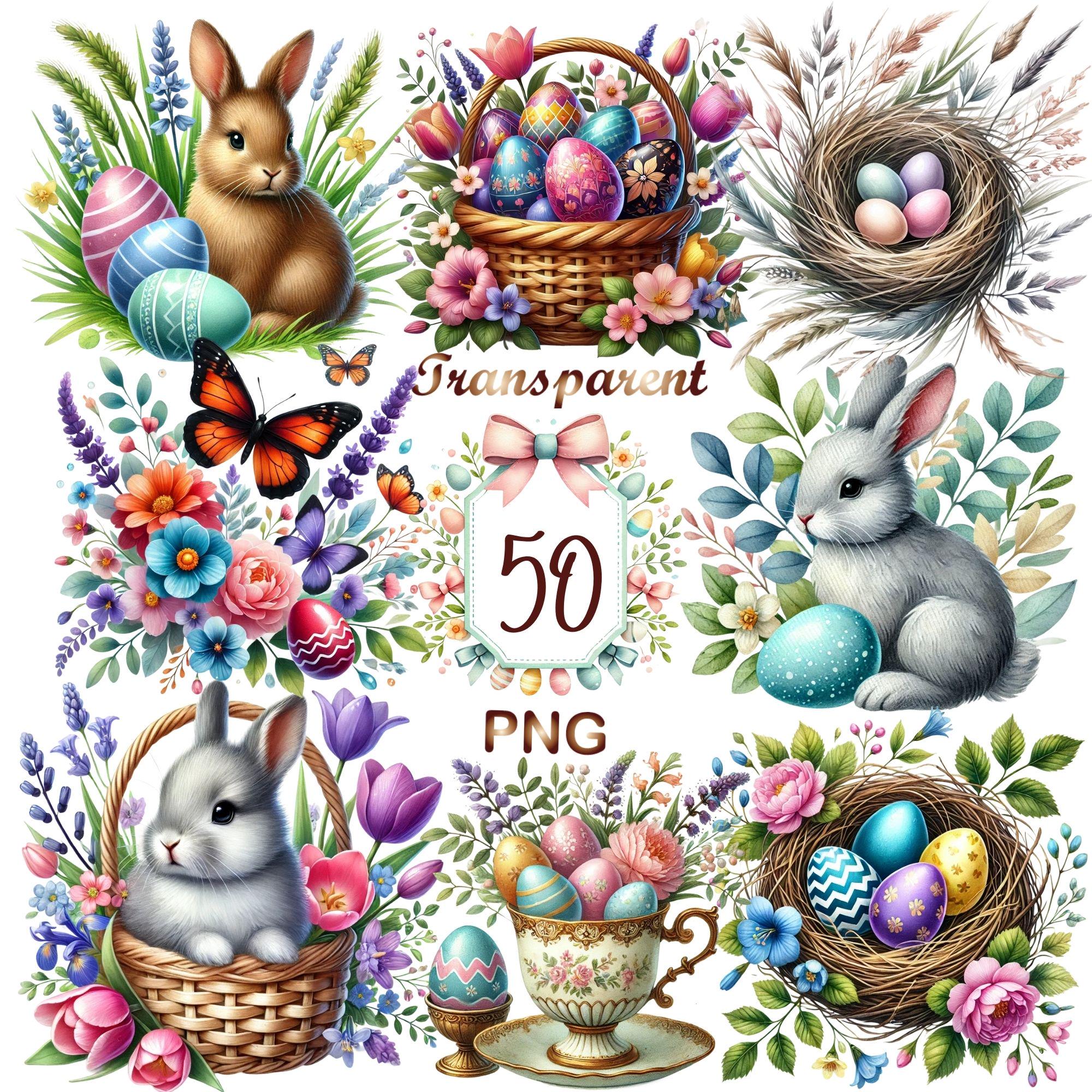 Easter Watercolor Clipart: 50 PNG Illustrations, Spring Rabbits, Eggs ...