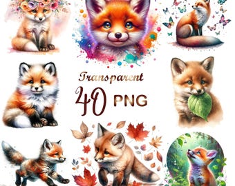 40 Fox png, fox clipart, baby fox clipart, watercolor fox clipart, cute fox clipart, Watercolor Cute Fox PNG Bundle, Clipart bundle