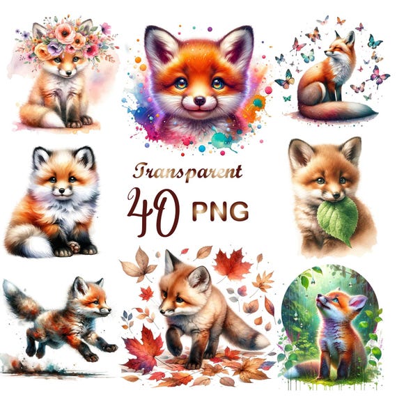 40 Fox png, fox clipart, baby fox clipart, watercolor fox clipart, cute fox clipart, Watercolor Cute Fox PNG Bundle, Clipart bundle