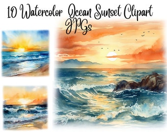 10 Watercolor Ocean Sunset Clipart, JPGs, Commercial use, Digital Download,Watercolor Clipart,Card Making,Clip Art,Digital Craft