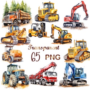 65 png-aquarel bouwvoertuigen clipart, graafmachine, bulldozer, cementmixer, trekker illustraties, instant download voor commercieel gebruik