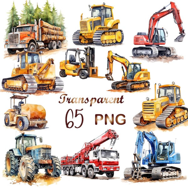 65 PNG Watercolor Construction Vehicles Clipart, Excavator, Bulldozer,Cement Mixer,Tractor Illustrations,Instant Download for Commercial Use