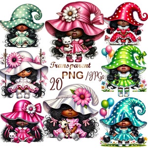 20 PNG JPG, Gnome girl clipart bundle, cute Gnome clipart, African american gnome png graphics, Black Gnome sublimation,Black Girl gnome png