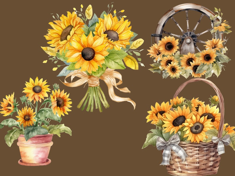 May include: A watercolor painting of sunflowers in various arrangements. The sunflowers are in a bouquet, a basket, and a potted plant. The sunflowers are yellow with brown centers and green leaves. There is also a wooden wagon wheel with sunflowers around it.