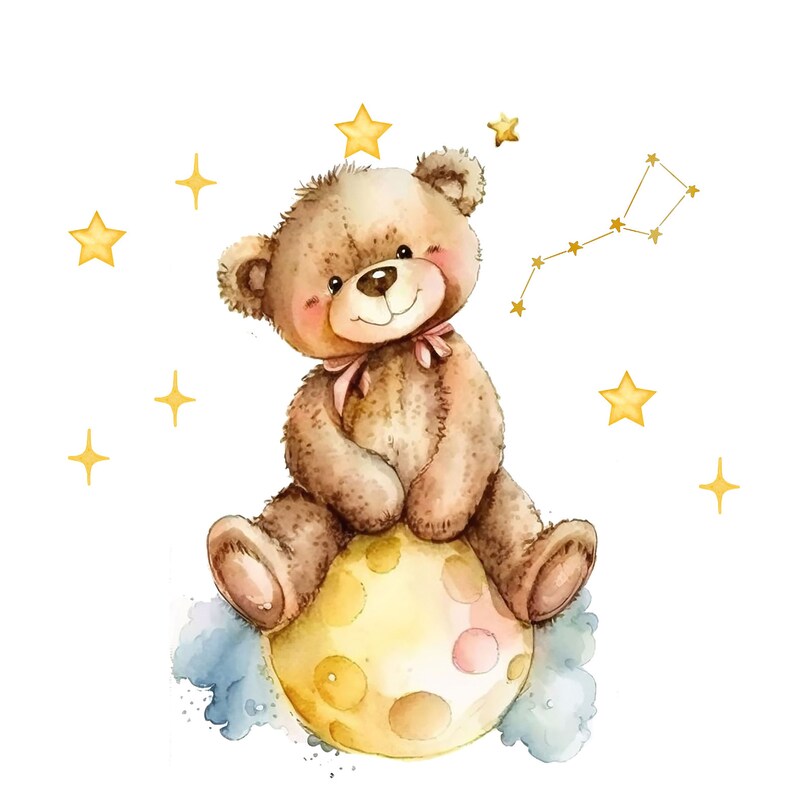 May include: A brown teddy bear sitting on a yellow moon with pink spots. The moon is surrounded by white clouds. There are gold stars scattered around the bear and moon.