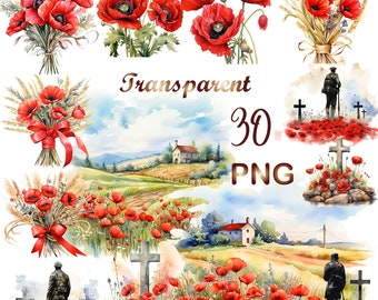 30 Remembrance Day Scene Clipart, PNG, Scarlet Poppies, Transparent files, Digital Download, Digital Paper Craft, Card Making,Commercial Use