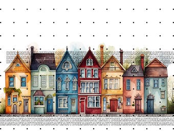 May include: A watercolor illustration of a row of colorful houses with different architectural styles. The houses are painted in shades of yellow, blue, red, green, and brown. Each house has a unique design, including windows, doors, and chimneys.