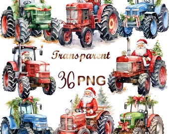 May include: A set of 36 watercolor illustrations of red and green tractors with Santa Claus driving. The tractors have wreaths and greenery on the front. The illustrations are perfect for Christmas crafts and projects.