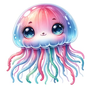 May include: A cartoon illustration of a pink and blue jellyfish with a cute face and rainbow tentacles.
