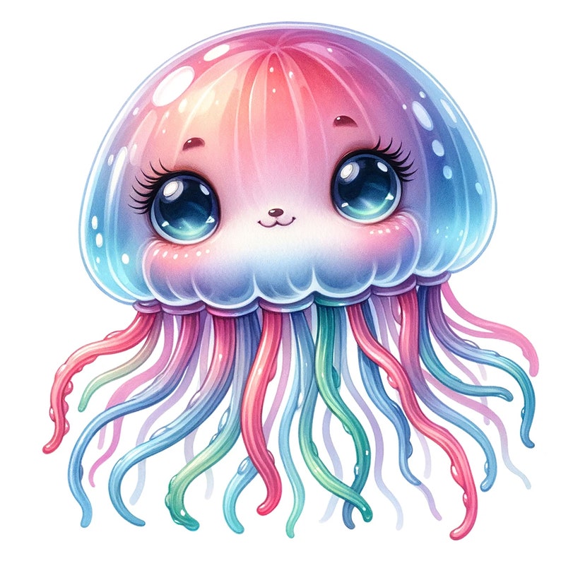 May include: A cartoon illustration of a pink and blue jellyfish with a cute face and rainbow tentacles.