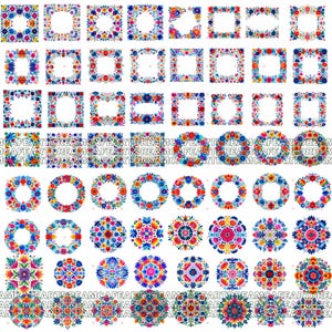May include: A selection of vibrant floral designs, including square frames, circular wreaths, and mandala patterns. The designs showcase bright blues, reds, yellows, and pinks, suitable for digital art or craft projects.