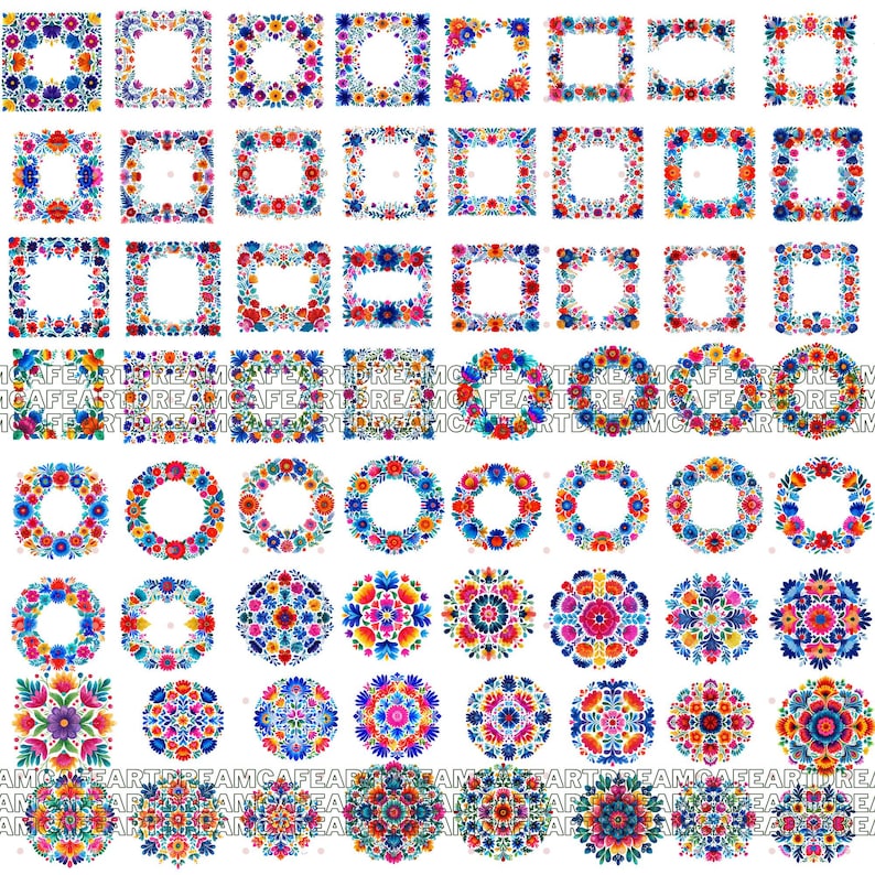 May include: A selection of vibrant floral designs, including square frames, circular wreaths, and mandala patterns. The designs showcase bright blues, reds, yellows, and pinks, suitable for digital art or craft projects.
