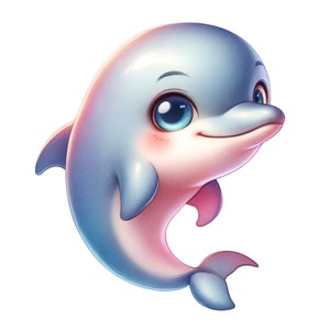 May include: A cartoon illustration of a light blue and pink dolphin with big, blue eyes and a friendly smile. The dolphin is swimming upwards with its tail fin in the air.