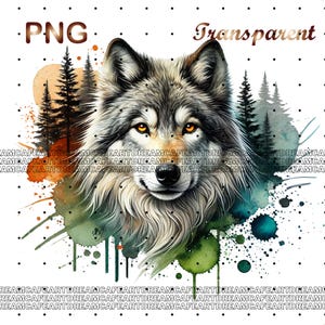 May include: A watercolor painting of a wolf's head with a forest background. The wolf has a gray and white coat with yellow eyes. The background is a watercolor wash of green, blue, and orange.