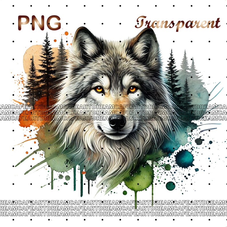 May include: A watercolor painting of a wolf's head with a forest background. The wolf has a gray and white coat with yellow eyes. The background is a watercolor wash of green, blue, and orange.