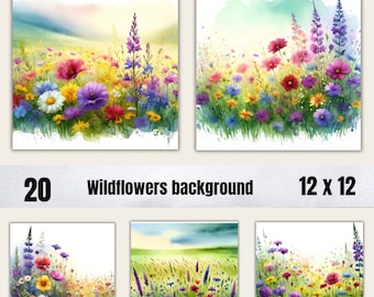 20 aquarel wilde bloemen digitale papierset, lentebloemen ongewenste tijdschriftpapier, afdrukbare lenteweide, digitale scrapbooking