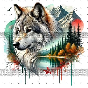 May include: A watercolor painting of a wolf with a mountain and lake scene in the background. The wolf is in the foreground and is looking to the left. The mountain scene is in the background and is painted in shades of blue, green, and brown. The lake is in the foreground and is painted in shades of blue and green.