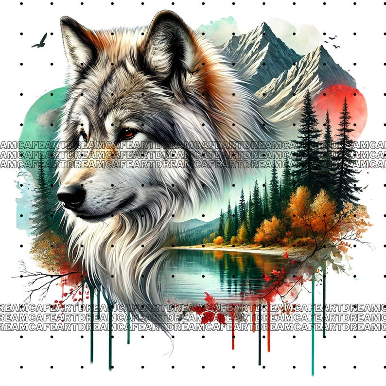 May include: A watercolor painting of a wolf with a mountain and lake scene in the background. The wolf is in the foreground and is looking to the left. The mountain scene is in the background and is painted in shades of blue, green, and brown. The lake is in the foreground and is painted in shades of blue and green.
