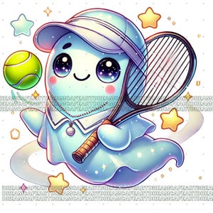 May include: A cartoon ghost wearing a blue and white tennis outfit and a blue baseball cap, holding a tennis racket. The ghost is surrounded by stars and a tennis ball.