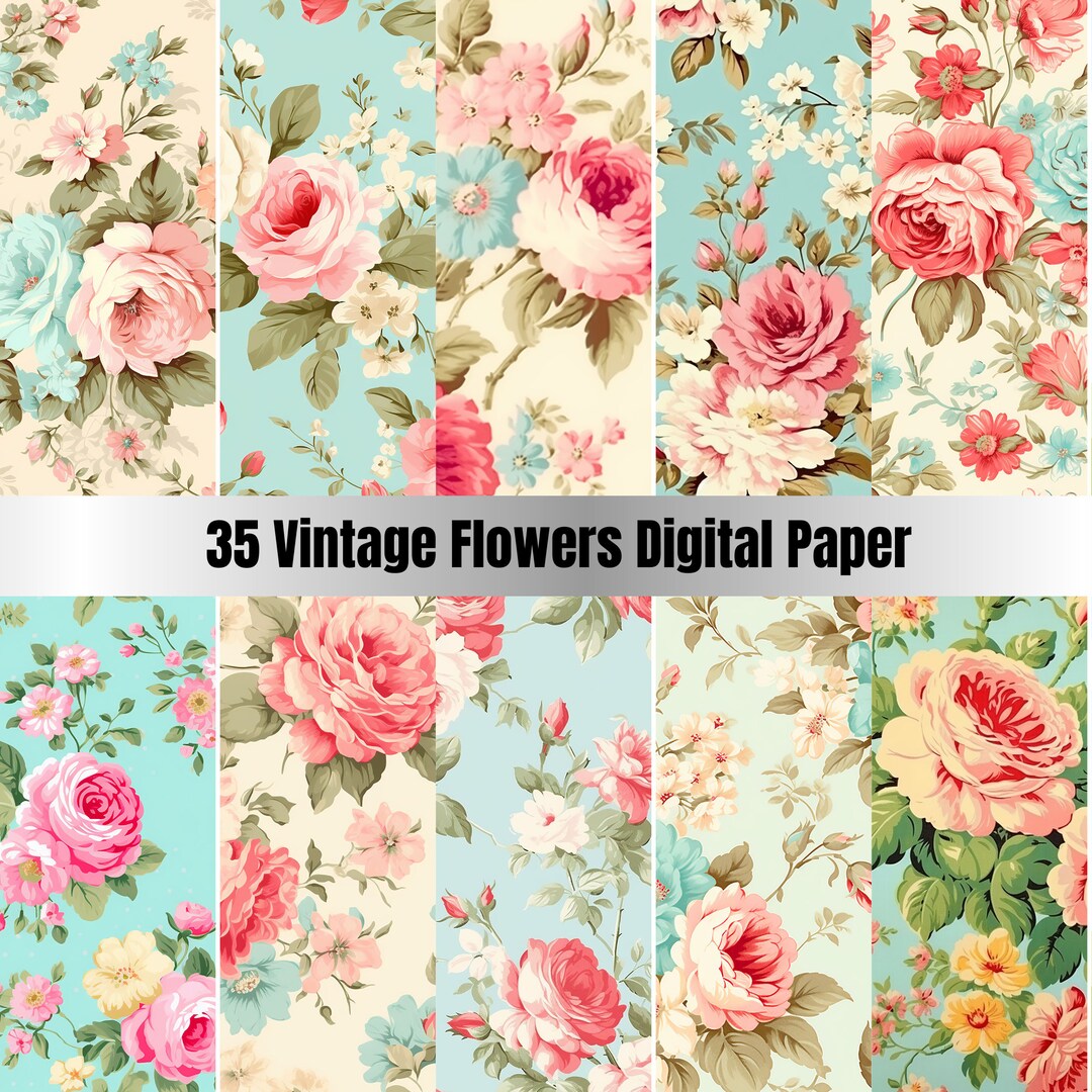 35 Vintage Flowers Seamless Digital Paper, Shabby Chic Floral Seamless ...