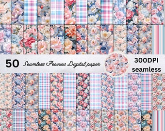 50 Peonies Pink and Blue Seamless Digital Paper, Pastel Plaid Background Seamles, Plaid  Backdrop,Download Junk Journal,Scrapbooking