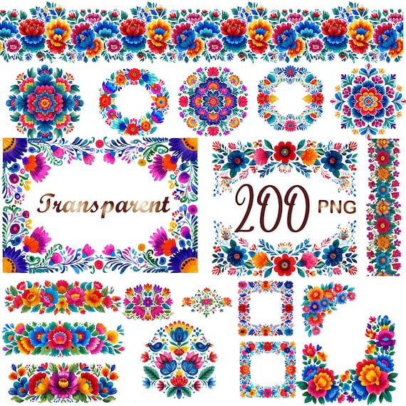 Mexican Fiesta Flowers Clipart 200 PNG, Otomi Floral,Talavera Watercolor Borders & Frames,Folk Art Wreaths,Bright Boho Deco,Digital Download