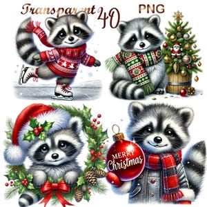 40 PNG set 1 Christmas Raccoons Clipart bundle, Holiday Festive Raccoon Illustrations Designs,  Instant Digital Download, Commercial Use
