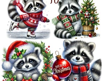 40 PNG set 1 Christmas Raccoons Clipart bundle, Holiday Festive Raccoon Illustrations Designs,  Instant Digital Download, Commercial Use