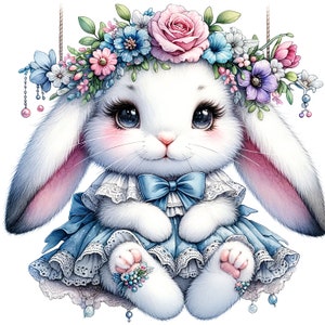 May include: A white bunny wearing a blue dress with lace trim and a blue bow. The bunny has a pink nose and pink cheeks. The bunny is wearing a flower crown with pink, blue, and purple flowers.