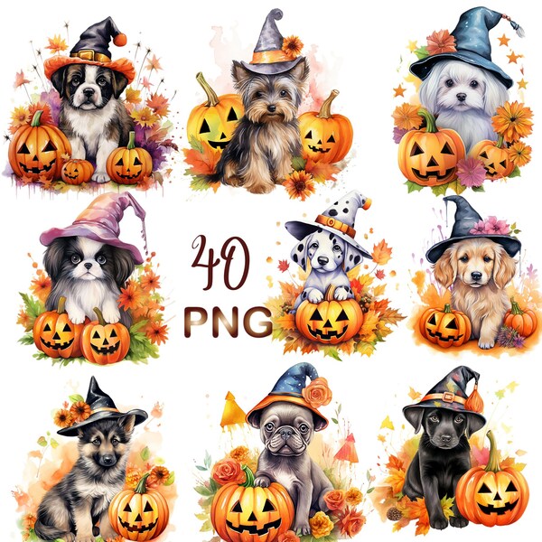 40 PNG, Watercolor Puppy Halloween Clipart bundle,Halloween Puppy Clipart,Witch Puppy Png,Halloween Clipart,Halloween Puppies,Commercial Use