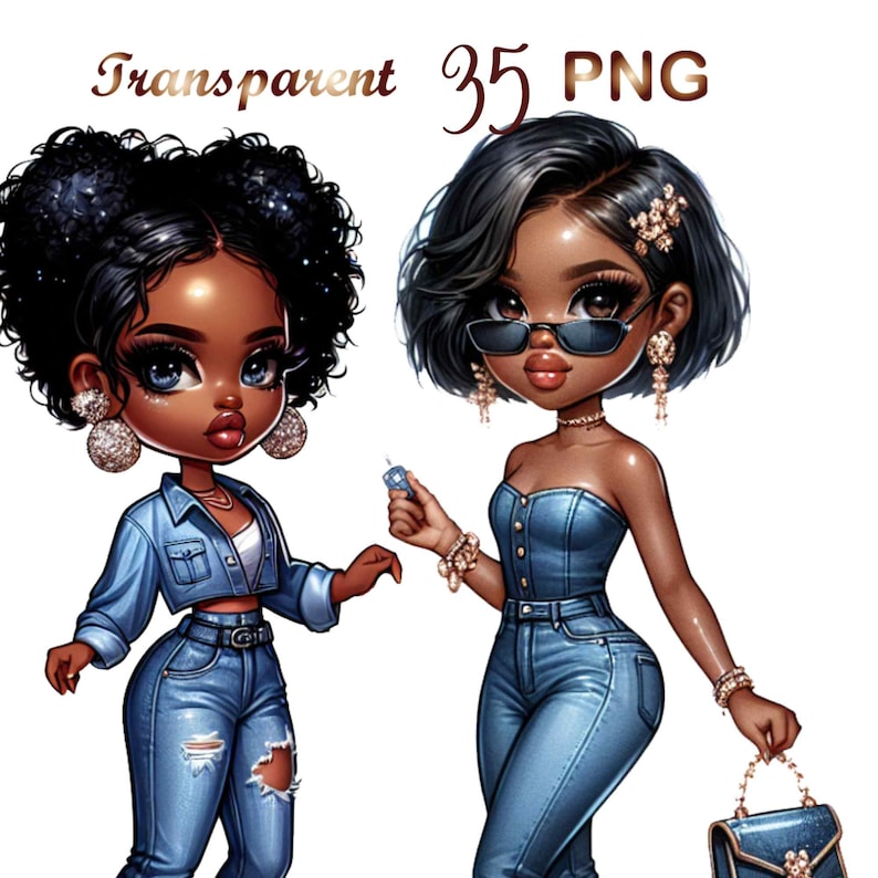 May include: Two cartoon illustrations of Black women with dark brown skin, wearing denim outfits. One woman has short black hair with a side part and is wearing a denim strapless top and jeans. She is holding a small blue purse and a blue and white phone. The other woman has short curly black hair and is wearing a denim jacket and jeans. She is holding a blue and white phone.