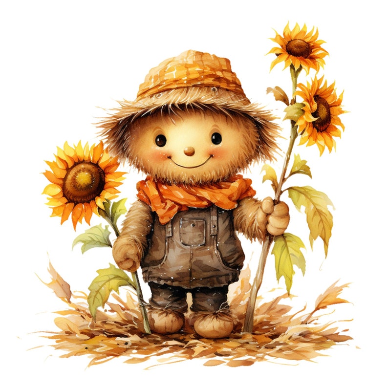 May include: A watercolor illustration of a friendly scarecrow character wearing a straw hat, orange scarf, and brown overalls. The scarecrow holds sunflowers and stands in a field of autumn leaves. The overall color palette is warm, with yellows, oranges, and browns.